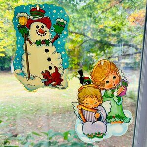 Vintage Christmas Window Clings Angels Snowman Color Clings Vintage Xmas Decor